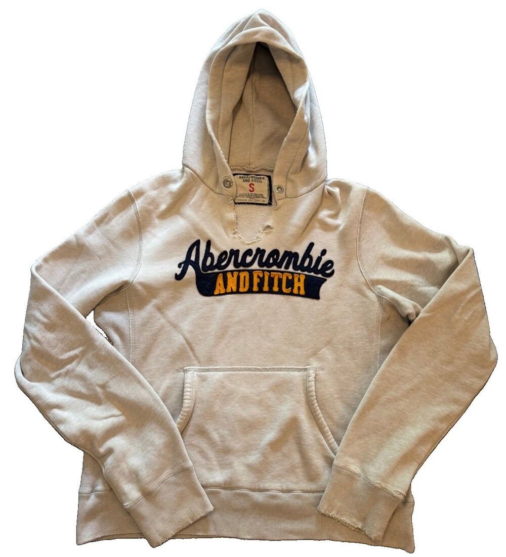 Vintage Y2K Abercrombie Fitch Spellout Hoodie Womens S Oatmeal V Neck Distressed
